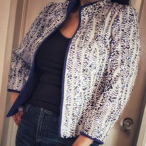 CARLISLE Blue, Violet & White Sequin 3/4 Sleeve Cropped Evening Jacket Sz 4 / 6